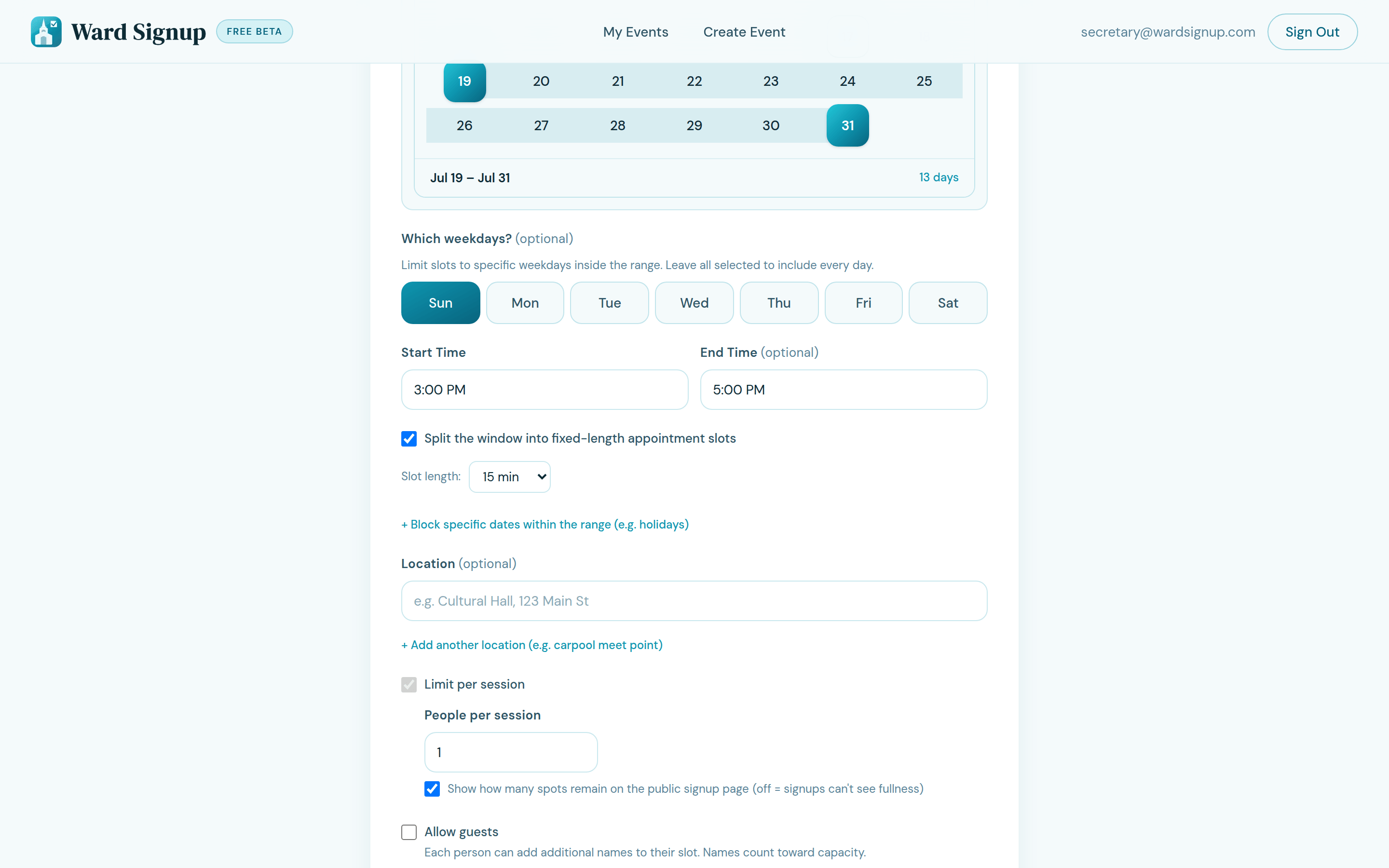 The Ward Signup event creation flow with a date range, weekdays, and time slots