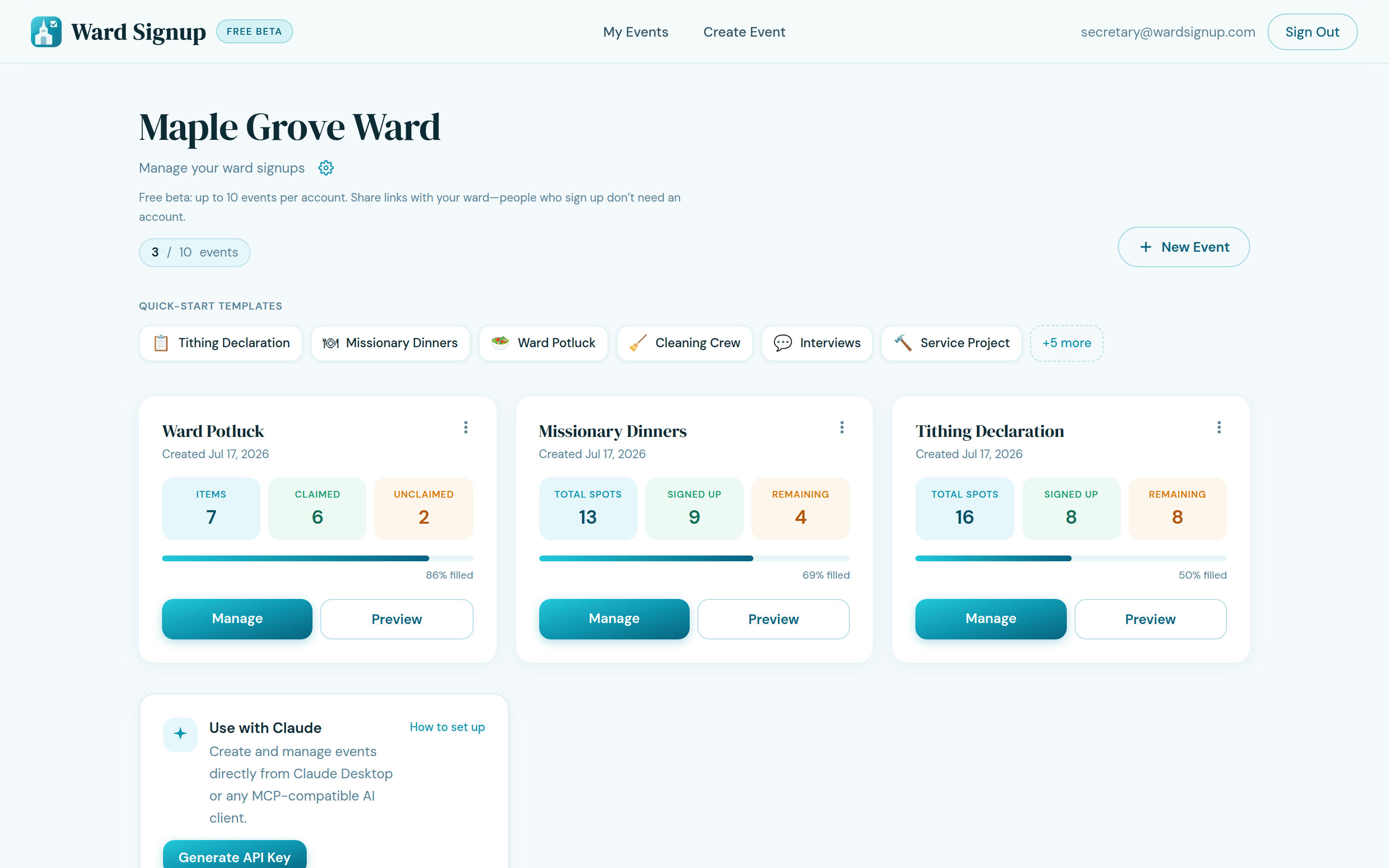 The secretary's dashboard tracking signups across events