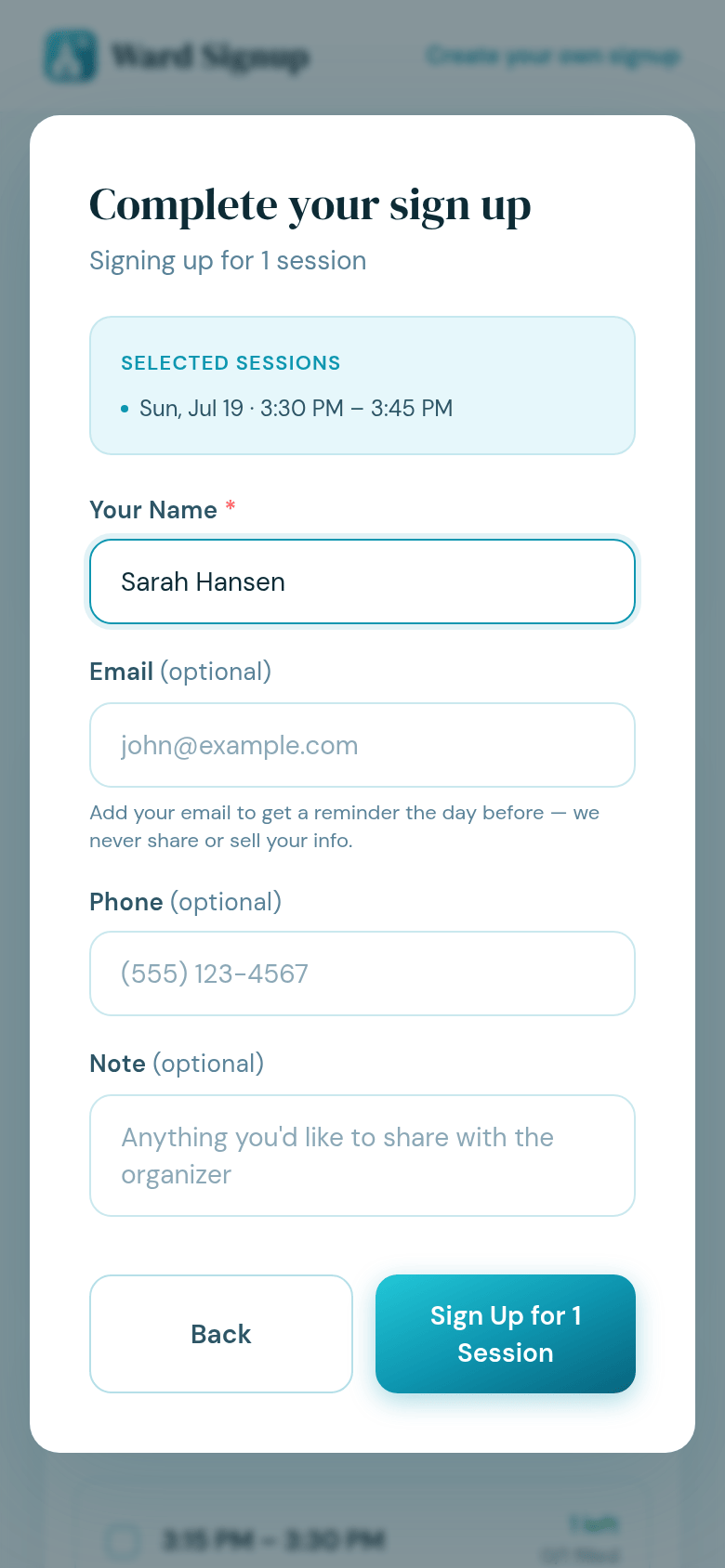 The member signup view on a phone: pick a slot and type your name, no login required
